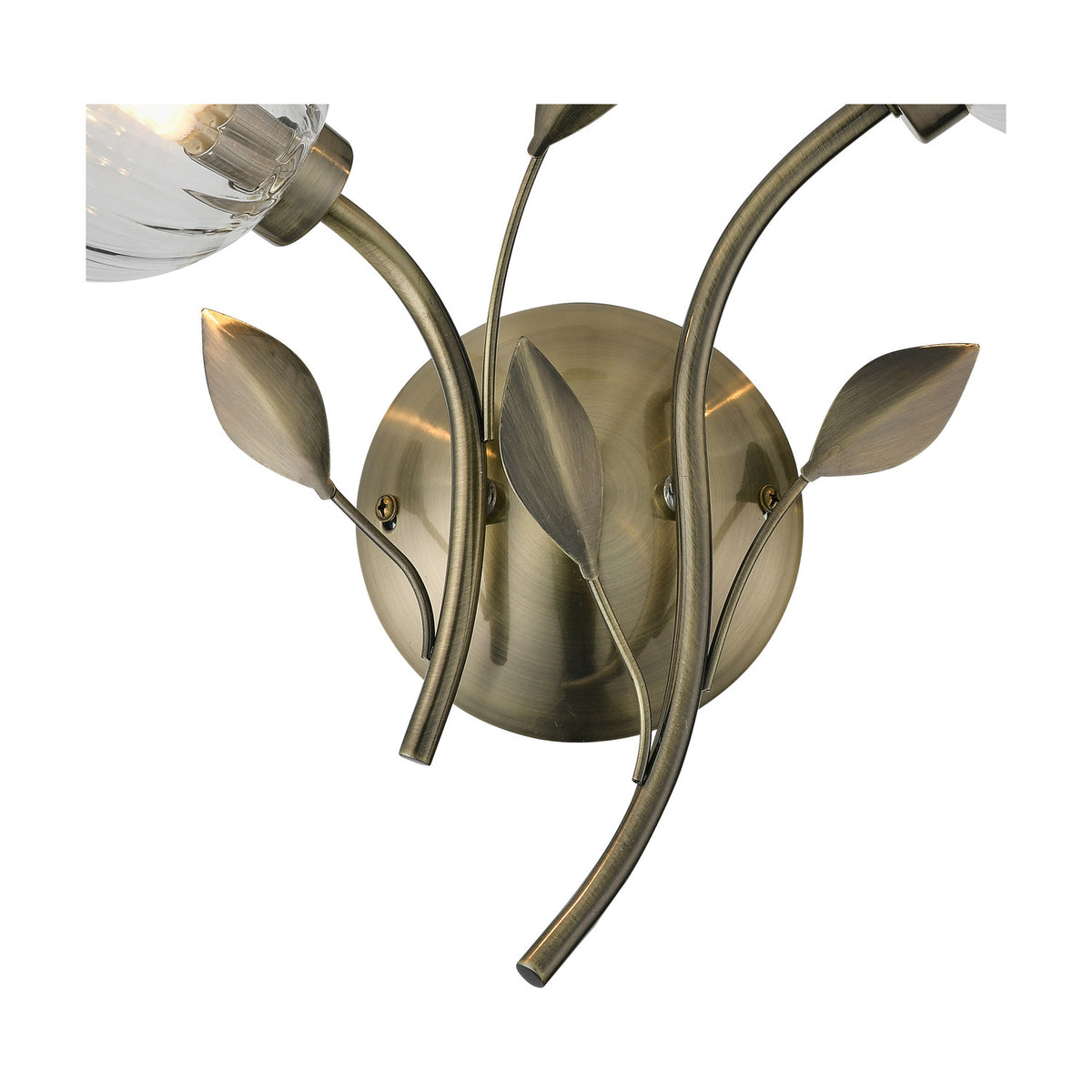 Close-up of the Elm G9 2 Shade Wall Light in antique brass, showing curved leaf-detailed arms, round backplate, and clear glass shade against a white background.