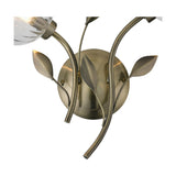 Close-up of the Elm G9 2 Shade Wall Light in antique brass, showing curved leaf-detailed arms, round backplate, and clear glass shade against a white background.