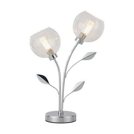 Elm 2 Light G9 Table Lamp in polished chrome with two clear glass globe shades on curved arms and leaf detailing, set on a round base against a white background.
