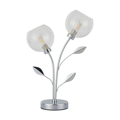 Elm 2 Light G9 Table Lamp in polished chrome with two clear glass shades on curved leaf-detailed stems and a round base, shown on a plain white background.