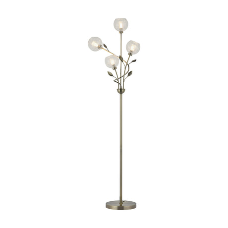 Elm 4 Light G9 Floor Lamp in antique brass, with four clear glass globe shades on slender leaf-detailed branches and a round base, shown on a plain white background.