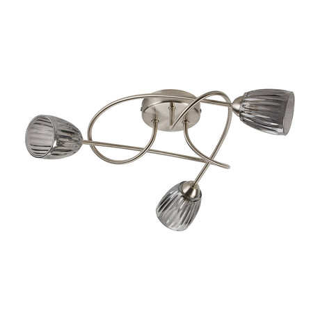 Connie 3 Light G9 Ceiling Light 48cm in satin nickel, with intertwined curved arms holding three ribbed smoke glass shades, shown on a plain white background.