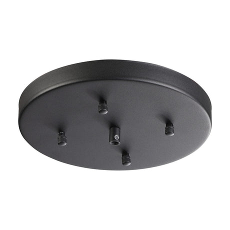 Hayes Round No-Hole Ceiling Rose 23cm in satin black, a shallow iron disc with five cable outlets on the underside, shown on a plain white background.