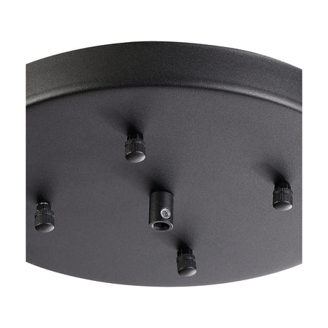 Close-up of the Hayes Round No-Hole Ceiling Rose in satin black iron, 23cm, with five cable outlets and a central mounting bracket, no central hole.