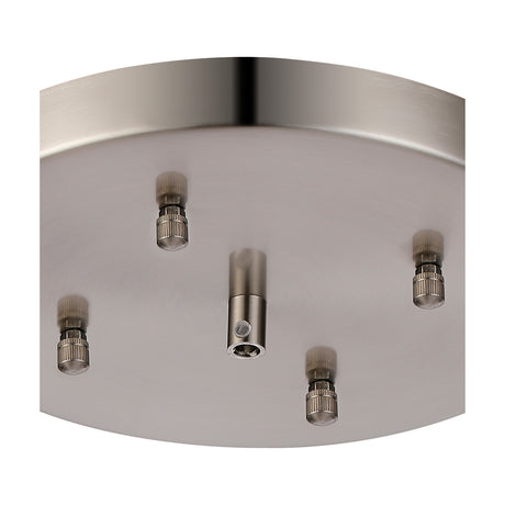 Close-up of the Hayes Round No-Hole Ceiling Rose 23cm in satin nickel, showing its flat iron disc with four cable connectors and a central adjustable suspension mount.