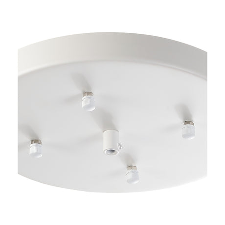 Hayes Round No-Hole Ceiling Rose 23cm in white, shown with a five-outlet canopy fitting and pendant cable connectors for a multi-drop light installation.