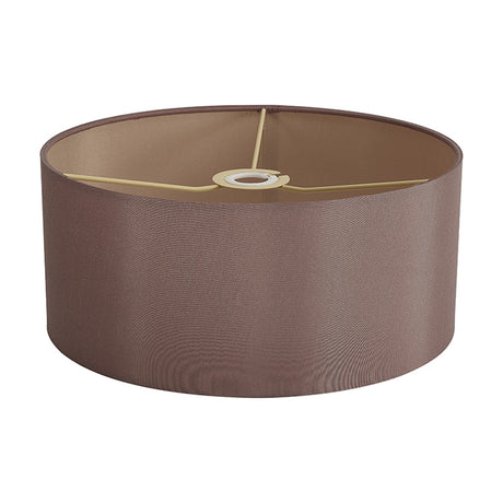 Serena Lamp Shade 35cm, a wide drum-shaped taupe faux silk lamp shade with gold-toned lining and cross-brace fitting, shown on a plain white background.