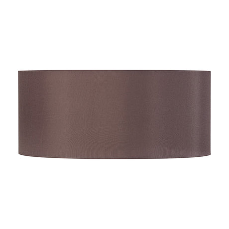 Serena Lamp Shade 35cm in taupe faux silk, a wide shallow cylinder drum shape with soft low sheen fabric, shown against a plain white background.