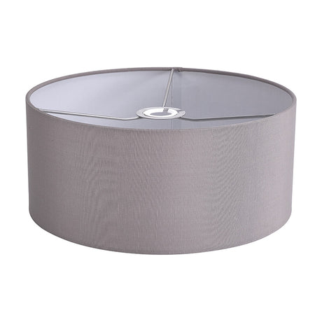 Serena Lamp Shade 35cm in grey faux silk with white lining, a wide shallow cylindrical drum shade with chrome fitter, shown on a plain white background.