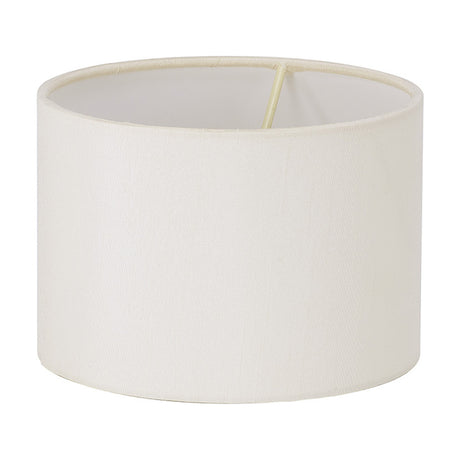 Serena Lamp Shade 16cm in ivory pearl faux silk with white laminate lining, a short wide cylinder with a visible support frame, shown on a plain white background.