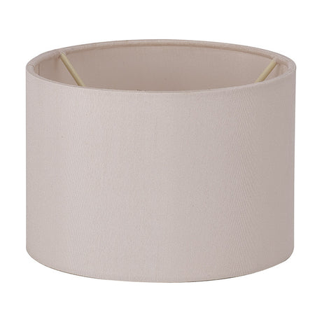 Serena Lamp Shade 16cm, a short wide cylindrical drum shade in nude beige faux silk with visible internal support struts, shown on a plain white background.