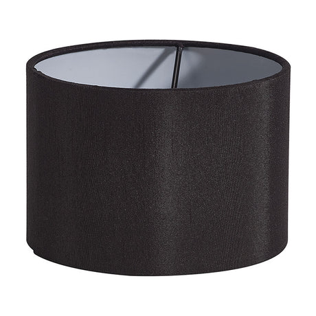 Serena Lamp Shade 16cm in black faux silk, a low wide cylinder shade with white interior lining, shown on a plain white background.