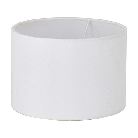 Serena Lamp Shade 16cm in white faux silk fabric, a short wide cylindrical drum shade with white lining and visible support struts, shown on a plain white background.