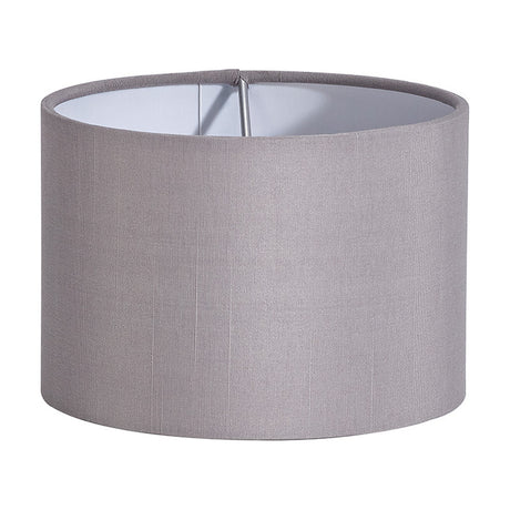 Serena Lamp Shade 16cm in grey faux silk, a shallow drum shape with straight sides, white inner lining, and visible fitter frame, shown on a plain white background.