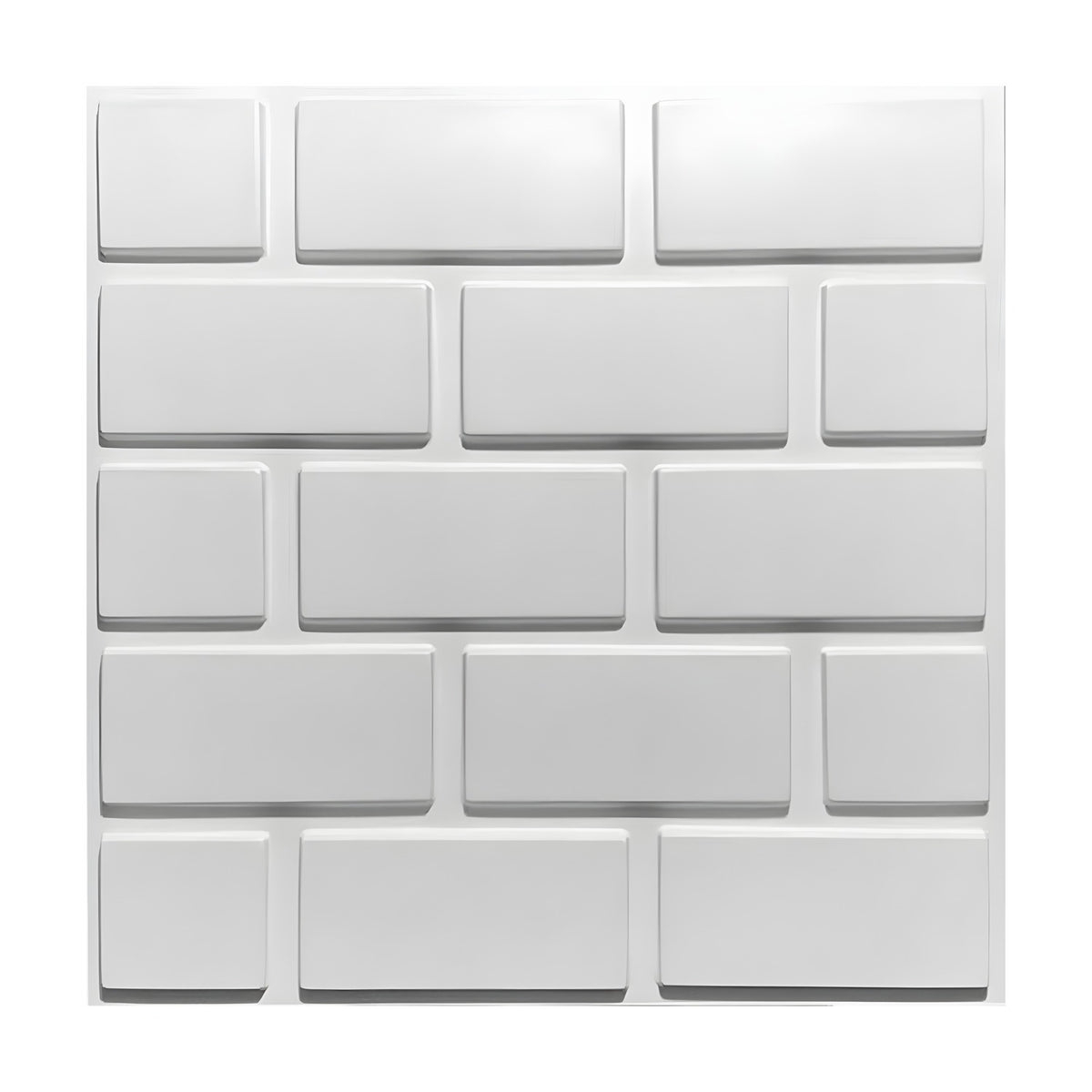 White PVC 3D wall panel, 50 x 50cm, with offset brick-pattern rectangles and recessed mortar lines, shown on a plain background.