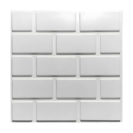 White PVC 3D wall panel, 50 x 50cm, with offset brick-pattern rectangles and recessed mortar lines, shown on a plain background.