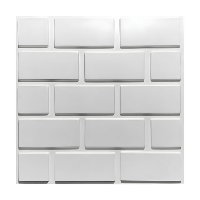 White PVC 3D wall panel, 50 x 50cm, with offset brick-pattern rectangles and recessed mortar lines, shown on a plain background.