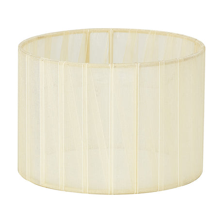 Serena Lamp Shade 16cm in cream organza fabric, a short broad cylinder drum with vertical ribbed detailing, shown on a plain white background.