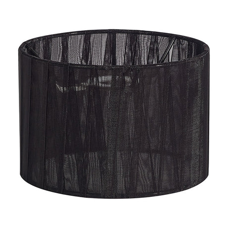 Serena Lamp Shade 16cm in black organza fabric, a small drum-shaped shade with pleated sides and visible fitting, shown on a plain white background.