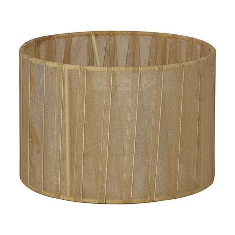Serena Lamp Shade 16cm, a shallow cylinder drum in soft bronze organza fabric with vertical pleated panels, shown on a plain white background.