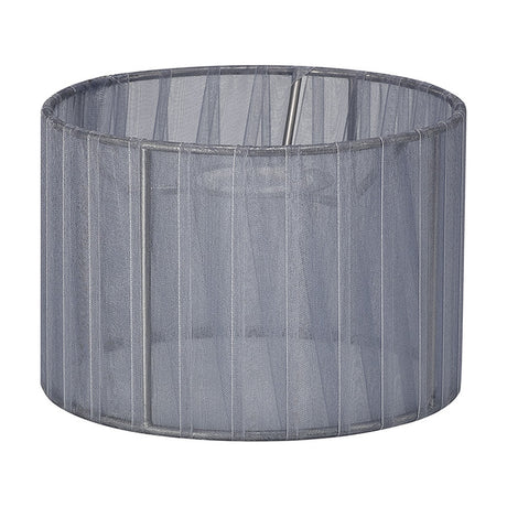 Serena Lamp Shade 16cm, a cylindrical grey organza fabric drum shade with sheer vertical ribbing and an inner metal fitting frame, shown on a plain white background.