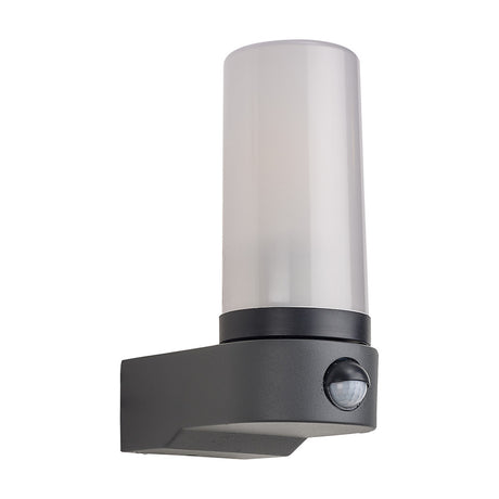 Milo IP54 Outdoor Wall Light in dark grey, with a cylindrical aluminium body, opal polycarbonate diffuser, and built-in PIR sensor, shown on a plain white background.
