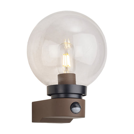 Milo IP54 Globe Outdoor Wall Light, 27.3cm high, with a clear polycarbonate globe, dark brown aluminium housing, PIR sensor, and E27 bulb, shown on a plain white background.