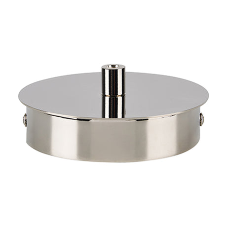 Dreifa 11cm round ceiling box in polished nickel, showing a shallow cylindrical body with central cable exit and side screws, set on a plain white background.