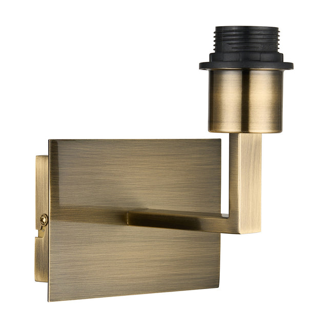 Clara 1 Light E27 Wall Light in antique brass with a square backplate, angular arm, and E27 lamp holder, shown shade-free on a plain white background.