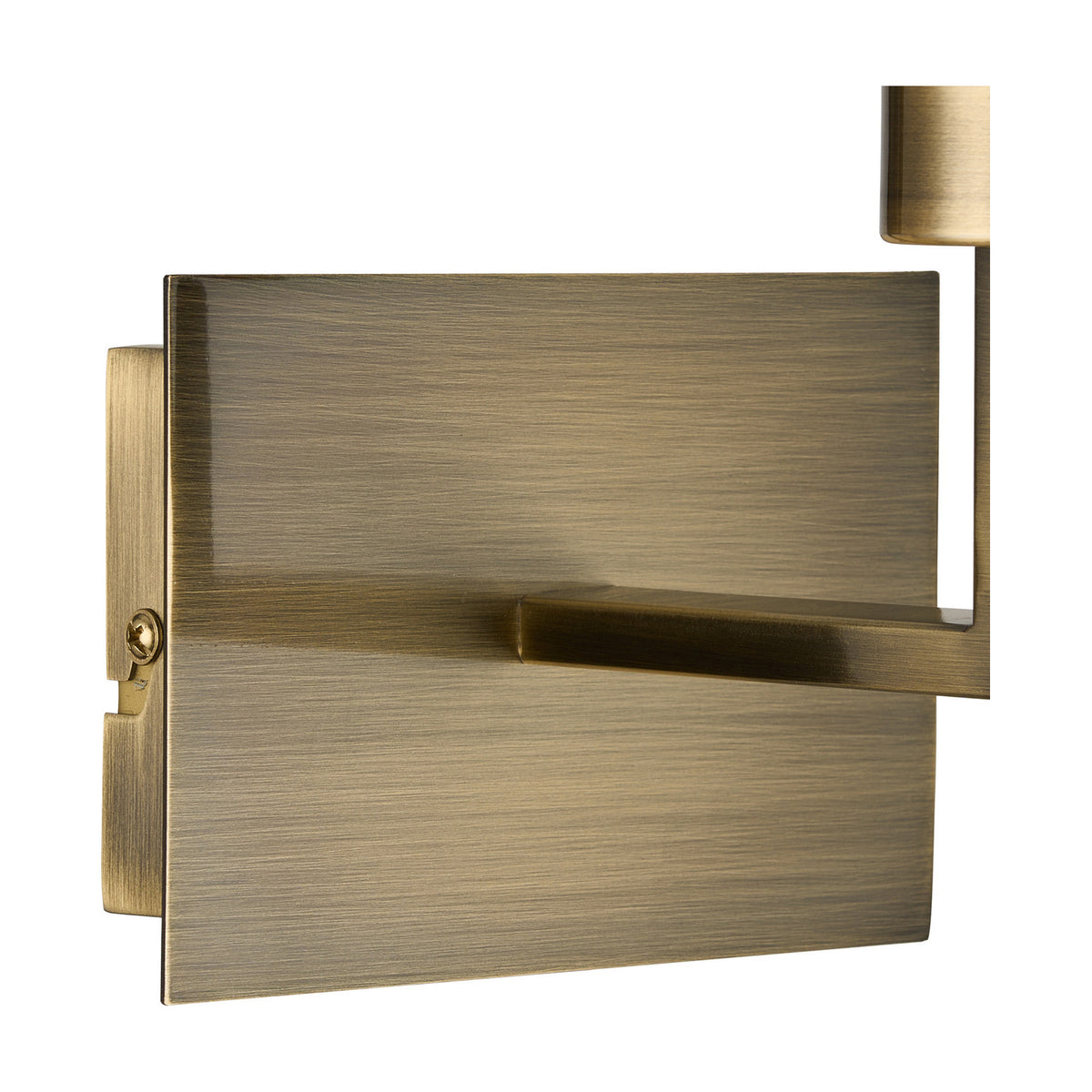 Clara 1 Light E27 Wall Light in antique brass iron, shown side-on with rectangular backplate, arm, rocker switch, and open shade frame on a plain white background.