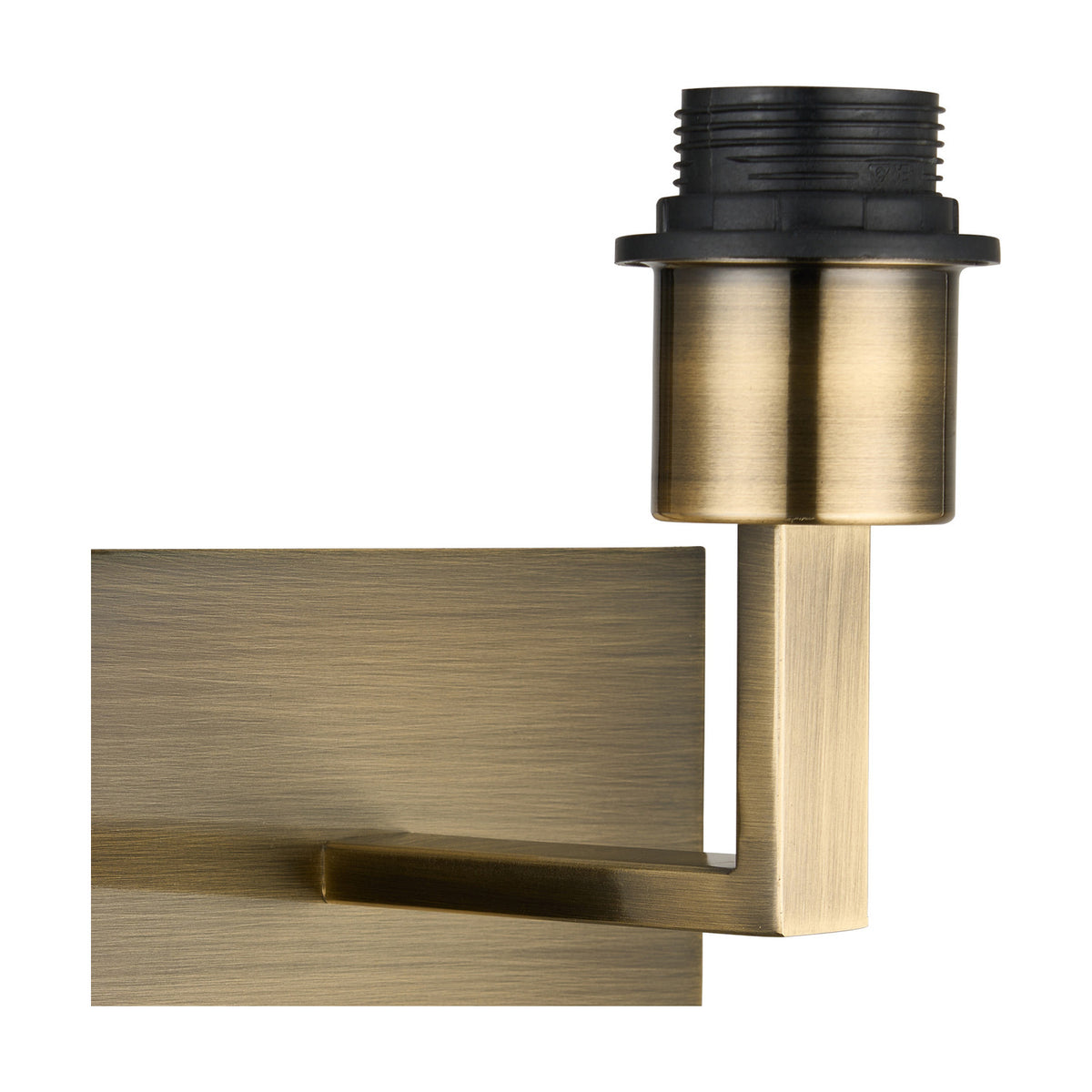 Close-up of the Clara 1 Light E27 Wall Light in antique brass, showing the compact backplate, angular arm, and E27 lamp holder with black fitting on a white background.