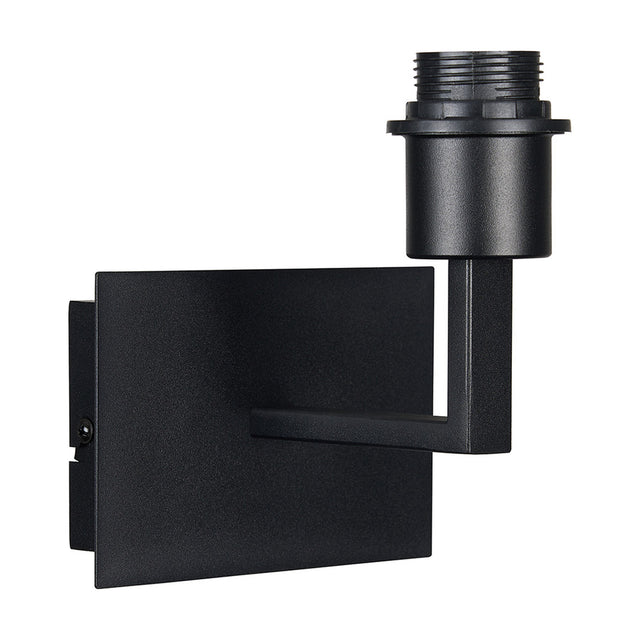 Clara 1 Light E27 Wall Light in satin black iron, compact rectangular backplate with angled arm holding an E27 lamp holder, shown on a plain white background.