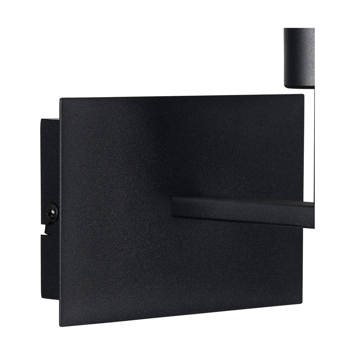 Clara 1 Light E27 Wall Light in satin black, side view showing rectangular backplate, short arm with integrated rocker switch and upright lamp holder, on a plain white background.