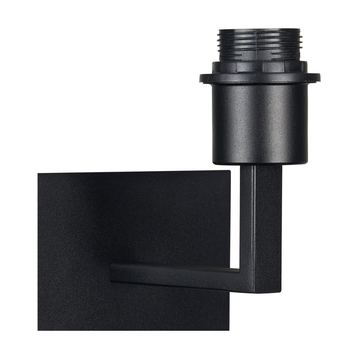 Clara 1 Light E27 Wall Light in satin black iron with rectangular backplate, angled arm, and exposed lamp holder, shown on a white background.