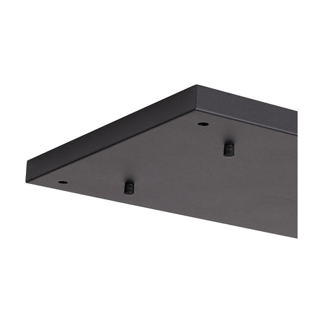 Hayes Linear Ceiling Rose 55cm in satin black, an iron rectangular plate with two visible mounting screws and pilot holes, shown close-up on a white background.