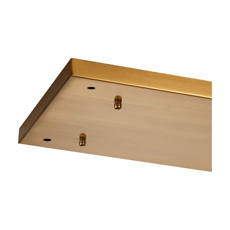 Close-up of the Hayes Linear Ceiling Rose 55cm in brass, a long rectangular plate with visible mounting holes and connector pins, shown on a plain white background.