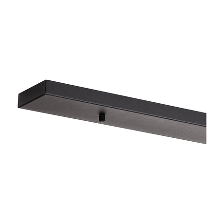 Hayes Linear No-Hole Ceiling Rose, a 1.4m long rectangular plate in satin black with a low-sheen finish and one small cable entry point, shown against a plain white background.