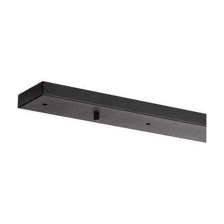 Hayes Linear Ceiling Rose in satin black iron, a slim rectangular bar with mounting holes and a central cable outlet, shown at an angle on a white background.