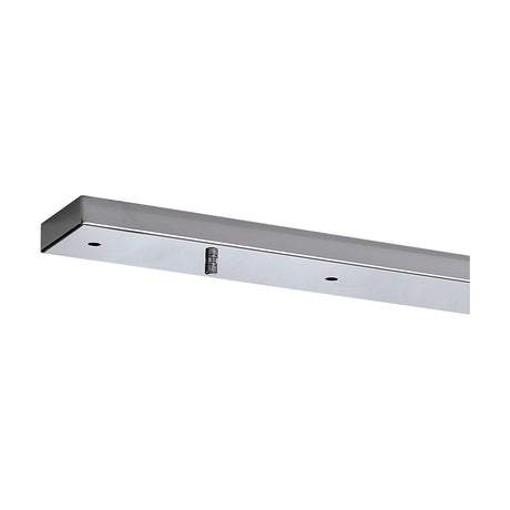 Hayes Linear Ceiling Rose in polished chrome, a slim rectangular bar with drilled mounting holes and a central fixing point, shown against a plain white background.