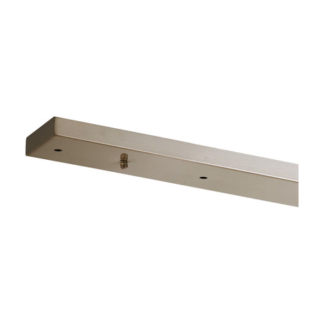 Hayes Linear Ceiling Rose in satin nickel, a slim iron bar with visible mounting holes and central fixing point, shown at an angle against a plain white background.