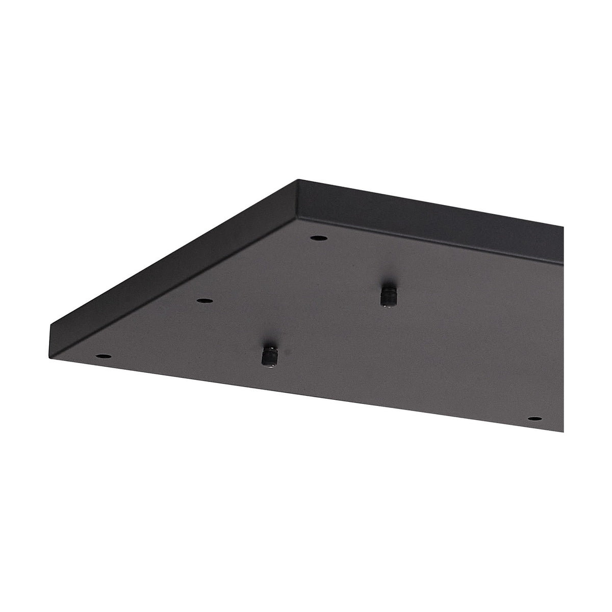 Hayes Linear Ceiling Plate, a 110cm satin black rectangular mount with two visible mounting screws among twelve fixing holes, shown at an angle on a plain white background.