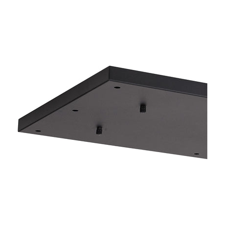 Hayes Linear Ceiling Plate, a 110cm satin black rectangular mount with two visible mounting screws among twelve fixing holes, shown at an angle on a plain white background.