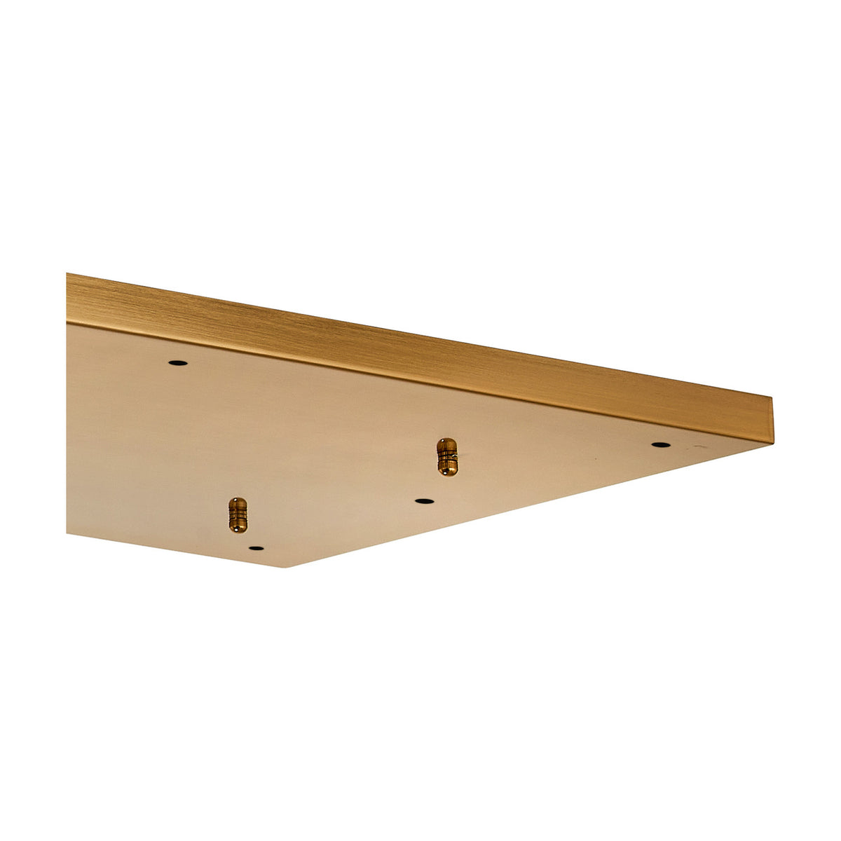 Hayes Linear Ceiling Plate in brass, a long narrow rectangular fixture with multiple drilled mounting holes and visible fixing screws, shown at an angle on a white background.