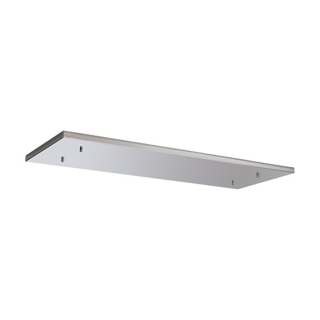 Hayes No-Hole Linear Plate, a long slim rectangular ceiling mounting plate in polished chrome steel with a blank face and multiple fixing points, shown against a plain white background.