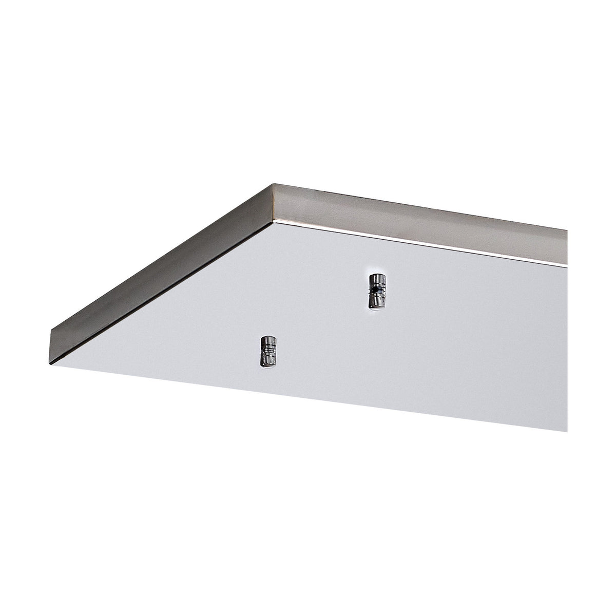 Hayes No-Hole Linear Plate in polished chrome, a slim rectangular steel ceiling mount with two adjustable pin fittings on its blank white underside, shown against a plain background.