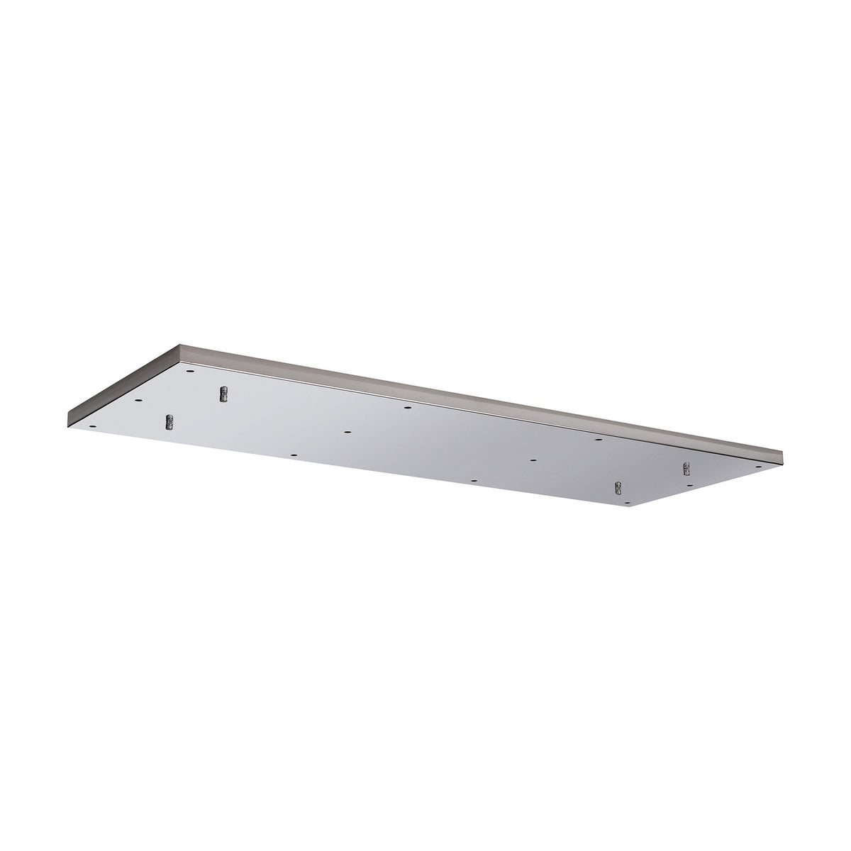 Hayes Linear Ceiling Plate, a 110cm long rectangular polished chrome multi-point ceiling plate with 12 mounting holes, shown at an angle on a plain white background.
