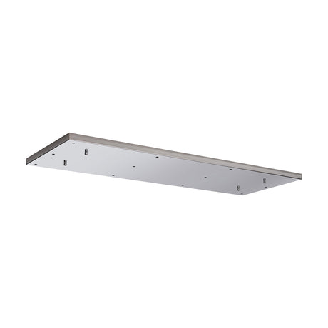 Hayes Linear Ceiling Plate, a 110cm long rectangular polished chrome multi-point ceiling plate with 12 mounting holes, shown at an angle on a plain white background.