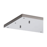 Hayes Linear Ceiling Plate in polished chrome, a rectangular 12-hole mounting plate with two visible connector pins, shown at an angle against a white background.