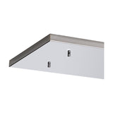 Hayes Linear Ceiling Plate, a rectangular polished chrome fixture with two visible mounting points, shown angled against a plain white background.