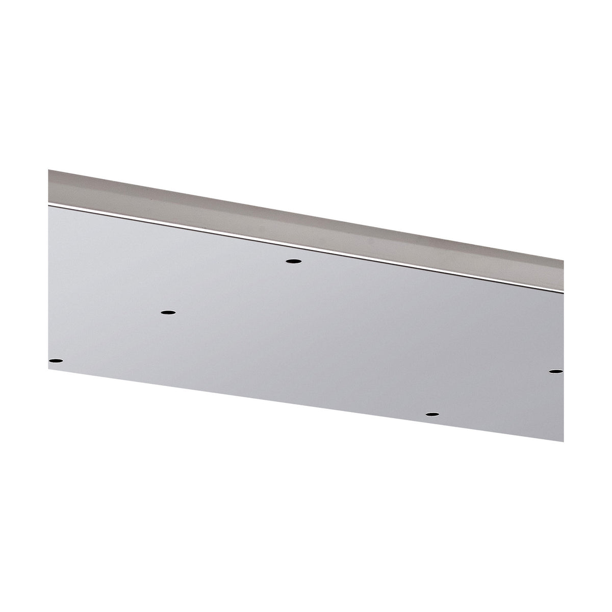 Hayes Linear Ceiling Plate in polished chrome, a slim rectangular fitting with twelve mounting holes along its length, shown at an angle against a plain white background.
